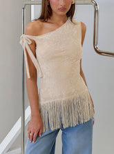 Astada One Shoulder Fringe Top Beige Floral