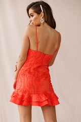 Virtue Cami Strap Embroidered Flounce Hem Dress Tangerine
