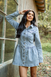 My Favorite Stretchy Medium Wash Long Sleeve Button Front Mini Dress FINAL SALE