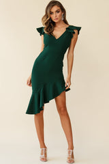 Duly Noted Frill Shoulder Asymmetrical Hem Dress Forest Green
