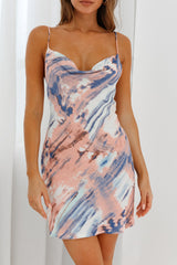 Show Me Love Cowl Neck Mini Dress Paint Print Blue Multi