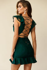 Secrets Lace-Up Back Ruffle Detail Dress Lace Forest Green