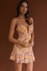 Good Vibes V-Neckline Frill Hem Dress Floral Orange
