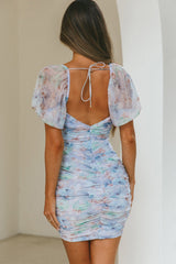 Good Vibes Puff Sleeve Deep V-Neckline Mini Dress Floral Print Blue