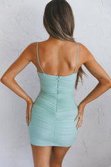 Good Vibes Deep V-Neckline Ruched Mini Dress Pistachio