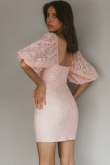 Good Vibes Puff Sleeve Deep V-Neckline Lace Mini Dress Blush