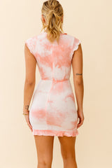 Wake Up Call Ruched Accent Ruffle Dress Marble Print Pink