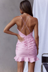 Harriet Cowl Neck Ruched Satin Mini Dress Blush