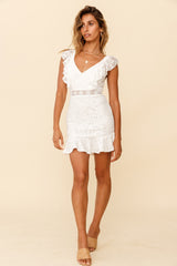 Short Story Ruffle Strap Criss-Cross Back Dress Floral Lace White