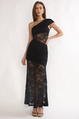 Gala One-Shoulder Maxi Dress Lace Black