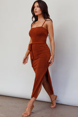 Serenade Me Square Neckline Side Split Midi Dress Cinnamon