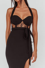 Jonetta Lace Insert Halterneck Midi Dress Black