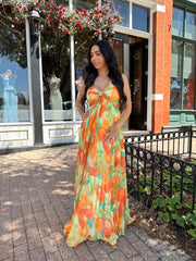 Alara Orange Floral Pleated Maxi Dress