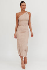 Lingering Love One-Shoulder Twist Midi Dress Beige