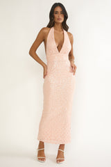 Cipriana Backless Halter Maxi Dress Sequin Pink