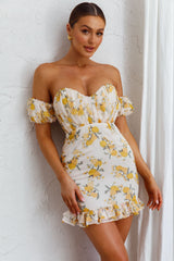 Verona Off-Shoulder Gathered Mini Dress Floral Yellow