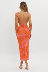 Dream Crush Lace-Up Back Side Split Maxi Dress Swirl Orange