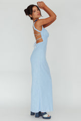 Dream Crush Lace-Up Back Mesh Overlay Midi Dress Blue