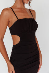 Mary Jane Gathered Bust Tie Back Midi Dress Black