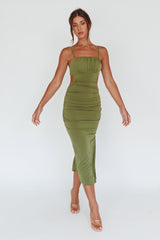 Mary Jane Gathered Bust Tie Back Midi Dress Olive