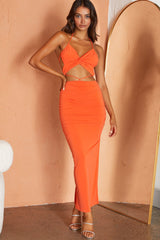 Sawyer Halterneck Strappy Back Ruched Midi Dress Tangerine