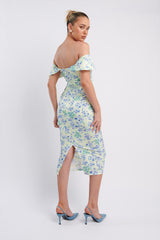 Lillianne Off-Shoulder Midi Dress Floral Blue