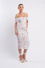 Lillianne Off-Shoulder Midi Dress Floral Pink