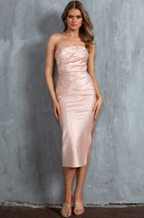 Georgette Strapless Satin Midi Dress Nude