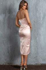 Georgette Strapless Satin Midi Dress Nude