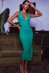 Uptown Girl V-Neckline Midi Dress Green