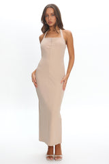 Goldfoil Halter Neck Maxi Dress Ecru