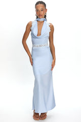 Scotlyn Applique Trim Halter Maxi Dress Blue
