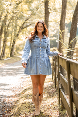 My Favorite Stretchy Medium Wash Long Sleeve Button Front Mini Dress FINAL SALE