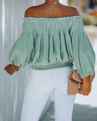 Fig Cotton Smocked Off The Shoulder Top - Sage