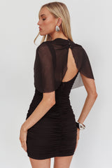 Hendrix Ruched Shoulder Cape Mini Dress Black