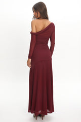 Lylah Asymmetric Neckline Long Sleeve Maxi Dress Mesh Plum