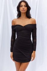 Moonrise Off-Shoulder Crossover Neckline Long Sleeve Ruched Dress Black