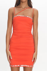 Denia Button Trim Ruched Mini Dress Tangerine