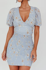 La Nena Shirred Mini Dress Floral Blue