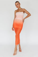 Logan Strapless Ruched Midi Dress Gradient Orange