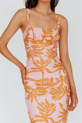Hawaiian Sun Ruched Bust Midi Dress Print Pink