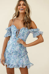 Maranda Bardot Lace-Up Bust Dress Banksia Print Midnight Blue