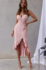 Talk About Me High Low Hem Circle Trim Midi Dress Blush