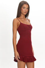 Aces Cami Strap Ruffle Hem Mini Bodycon Dress Wine