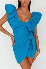 Kahlo Puffed Ruffle Neckline Mini Dress Blue