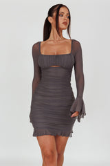 In Bloom Flared Cuff Mini Dress Charcoal