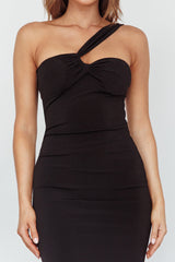 Trinny One-Shoulder Ruched Back Midi Dress Black