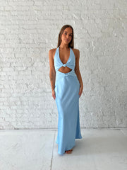 Stasi Blue Satin Halter Maxi Dress