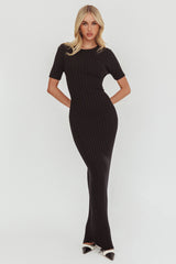 Faylen Waist Tie Ribbed Knit Maxi Dress Black