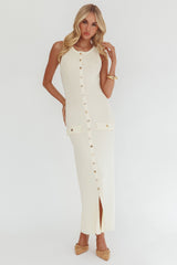 Kelani Gold Button Knit Maxi Dress Cream